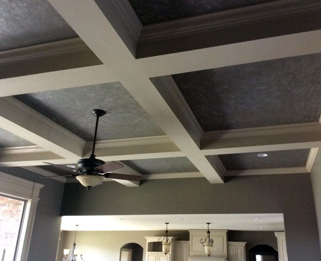 Decorated ceiling beams installed with a hashtag design complete the look of a living area